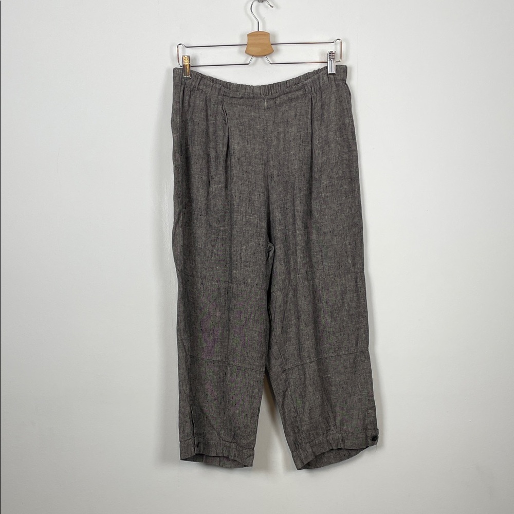 Flax Linen Wide Leg Button Ankle 2 Pocket Lagenlook Women' S Black Causal Pants